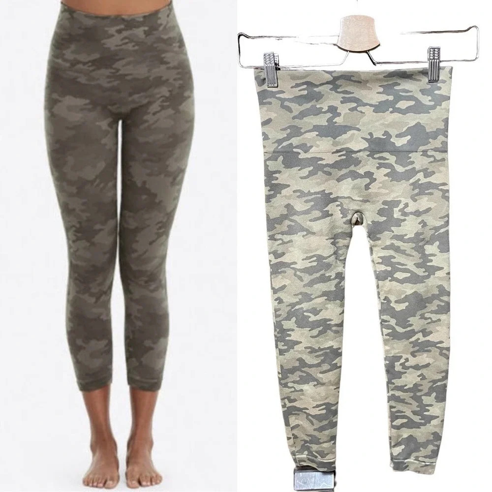 Spanx Look At Me Now‎ Seamless Cropped Leggings Green Camo Print Size Small